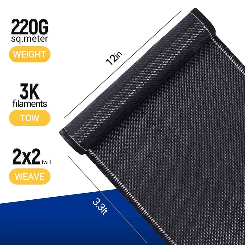 Krbnk 3.3ft x 12" Carbon Fiber Cloth Roll, 3K/220g Carbon Fabric, 2x2 Twill Weave Carbon Fiber Sheets Raw Material, Repair Kit for DIY Repair Cars Furniture - Image 2